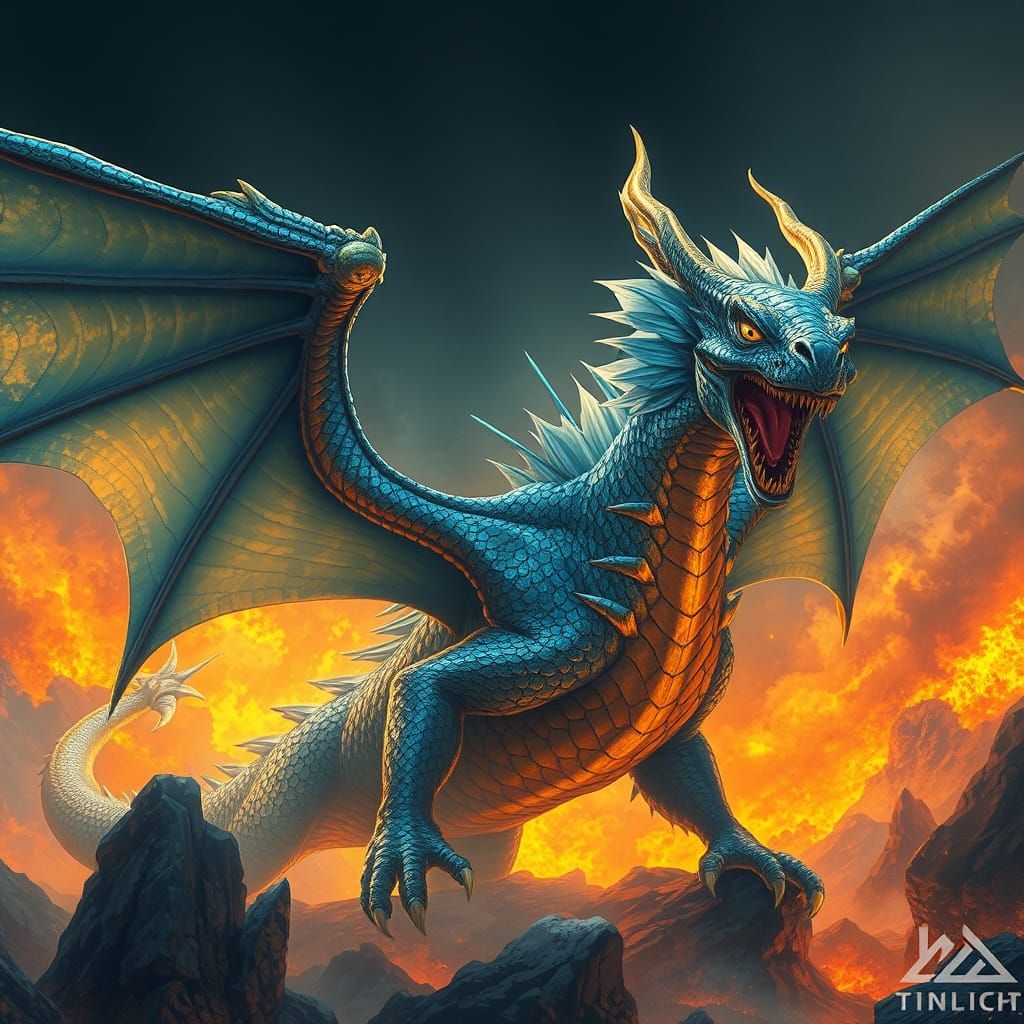 Iridescent Dragon in Fiery Landscape