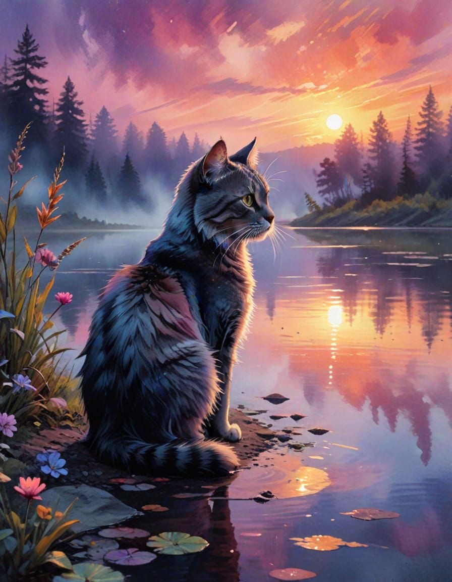 Cat in Whimsical Watercolor Sunset