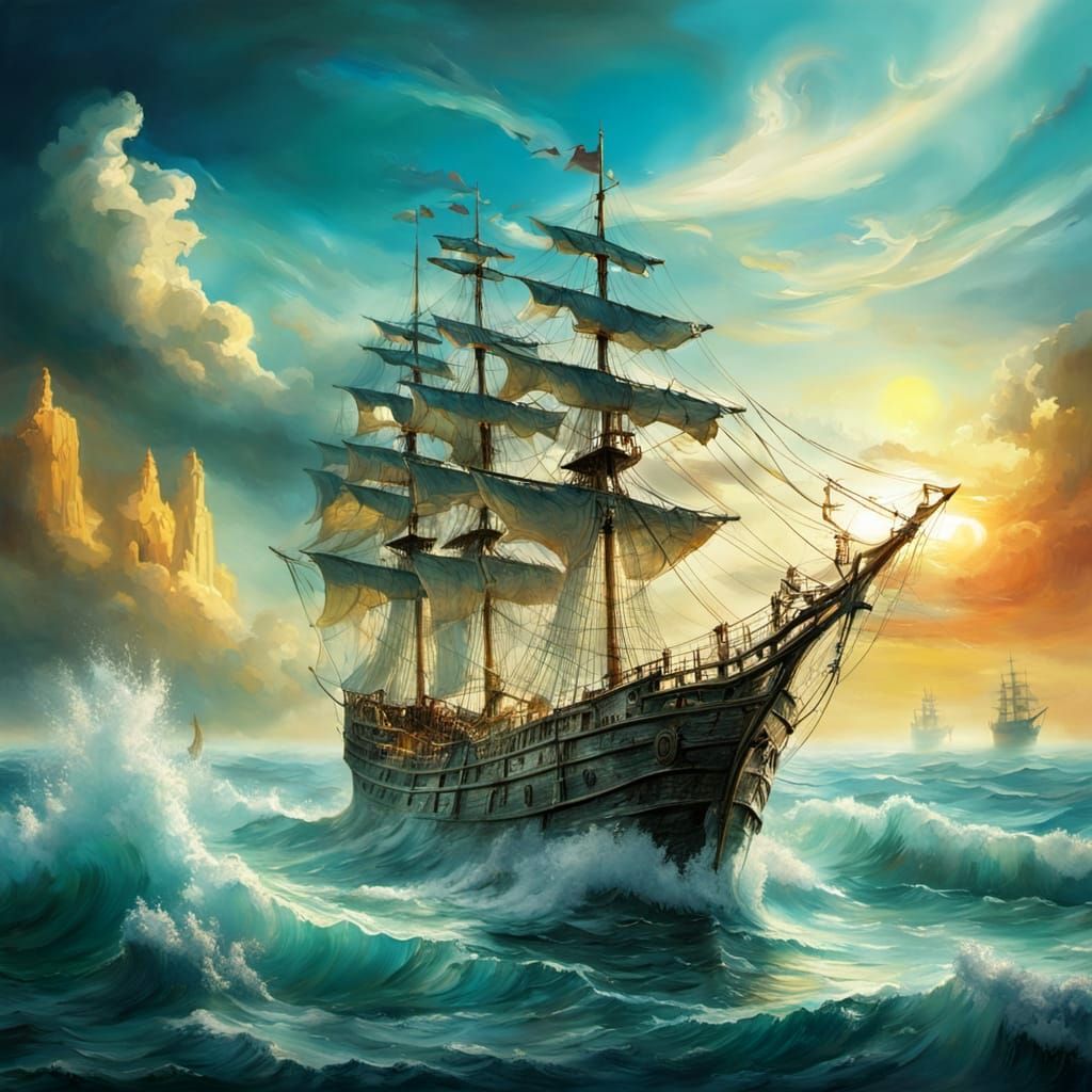 Ghost Ship Sailing Stormy Seas as Dali Painting