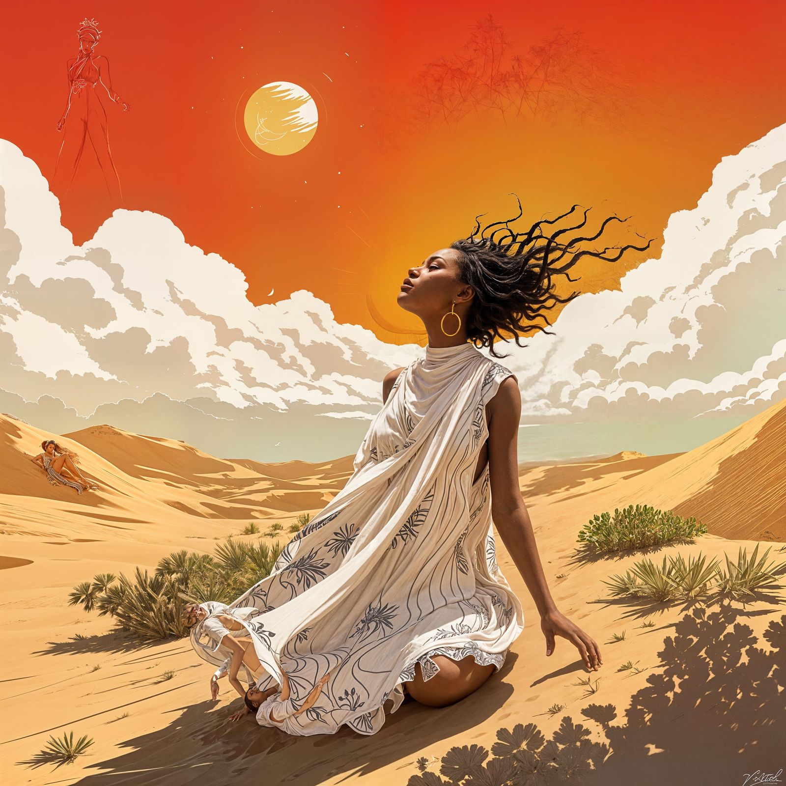 Desert Queen in Flowing Linen Under Copper Sun