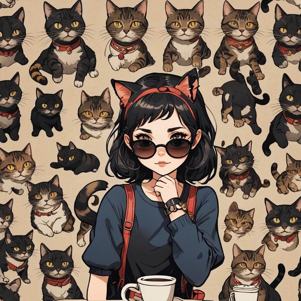 Energetic Caffeinated Cat Girl in Vibrant Style