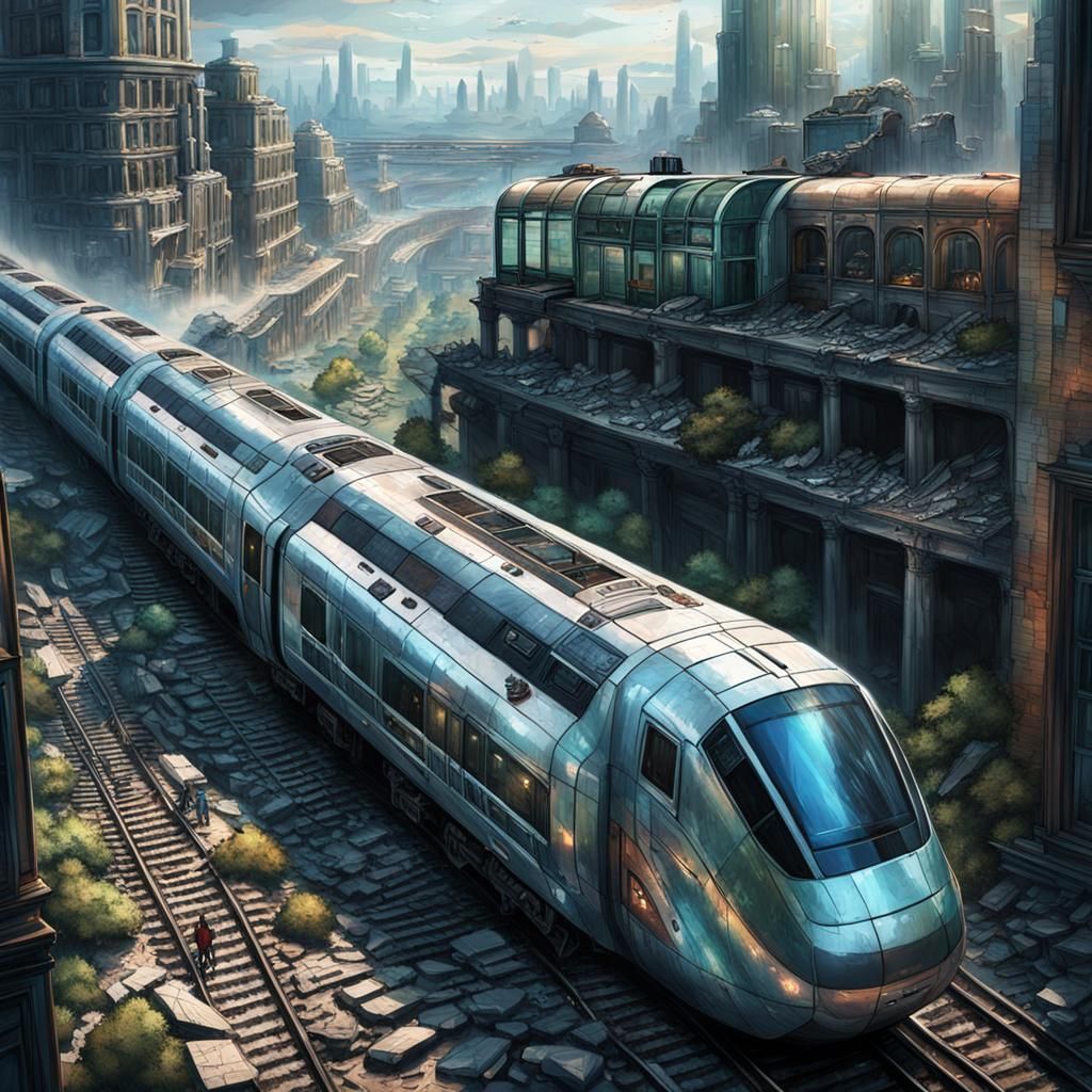 Futuristic Biodome Train Journey Through Ruined City