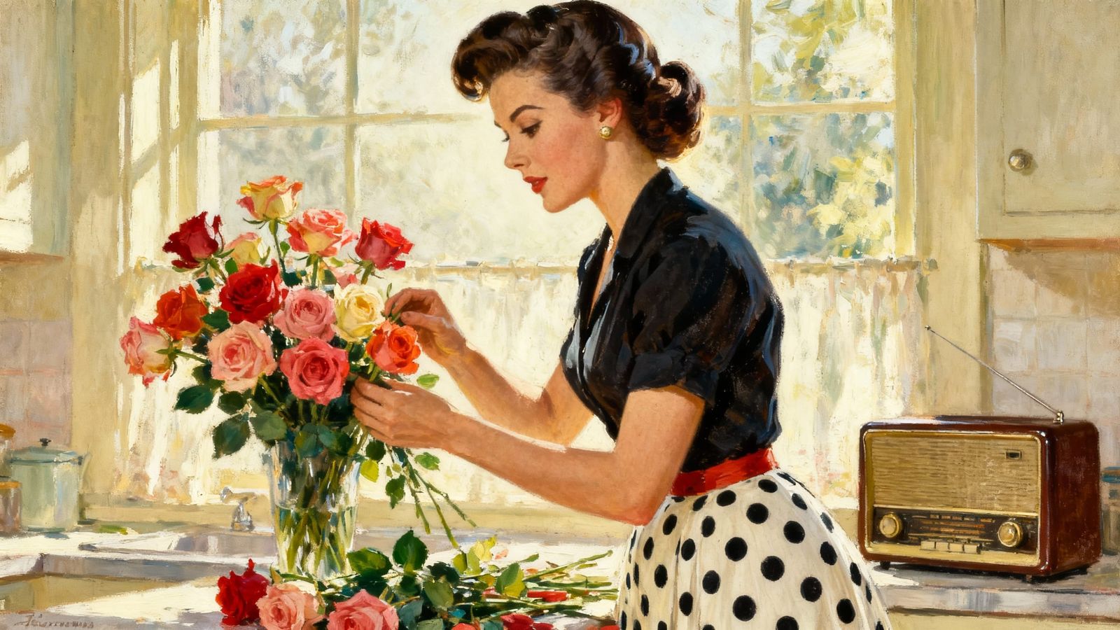 1950s Housewife Arranging Roses in Sunlit Kitchen Oil Painti...