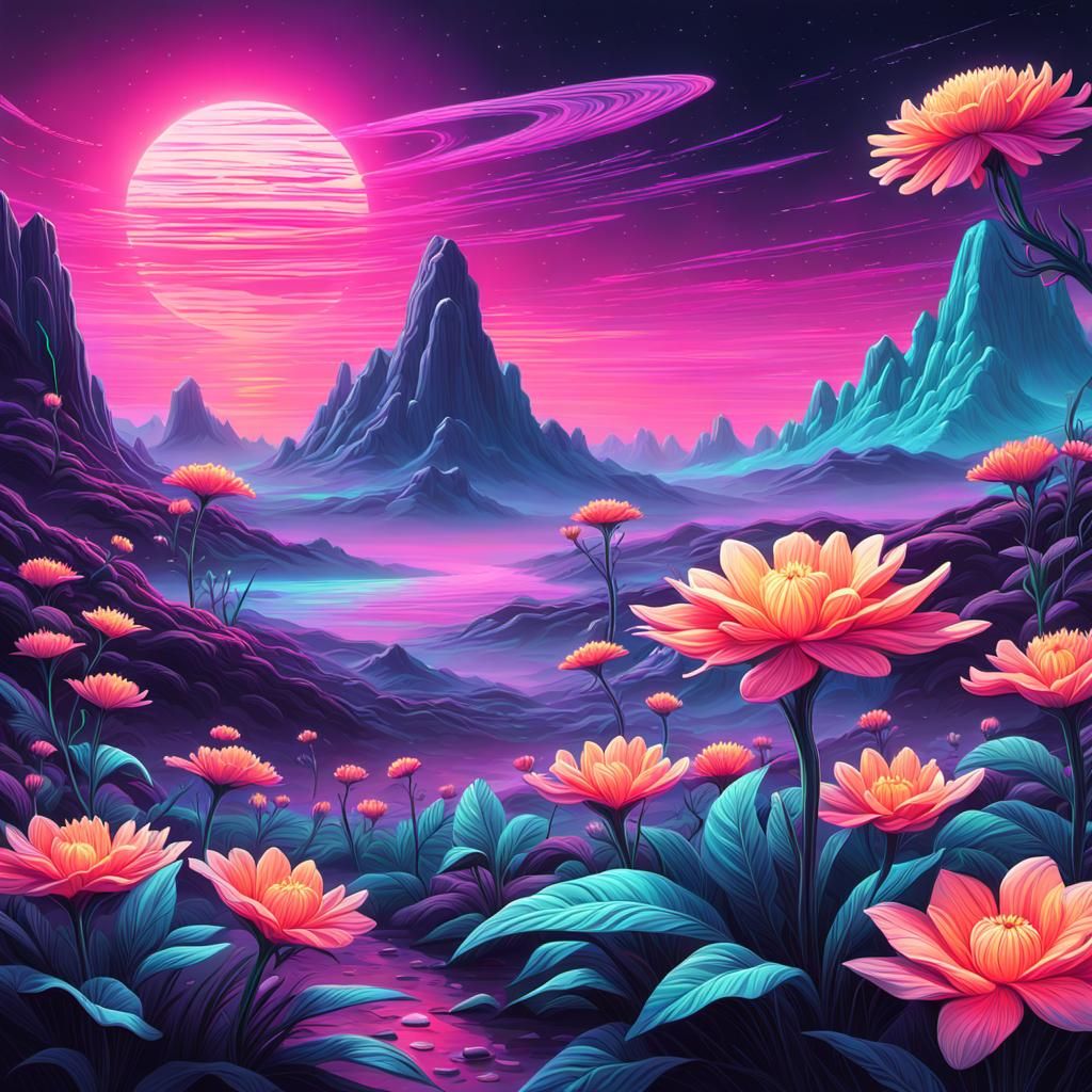 Exotic Alien Landscape with Glowing Flowers