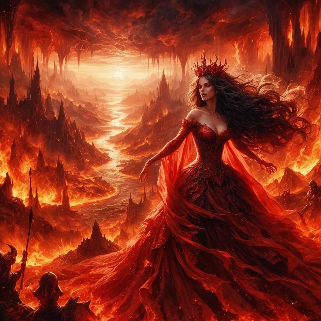 Fiery Hellscape: Vampire Queen in Red Dress