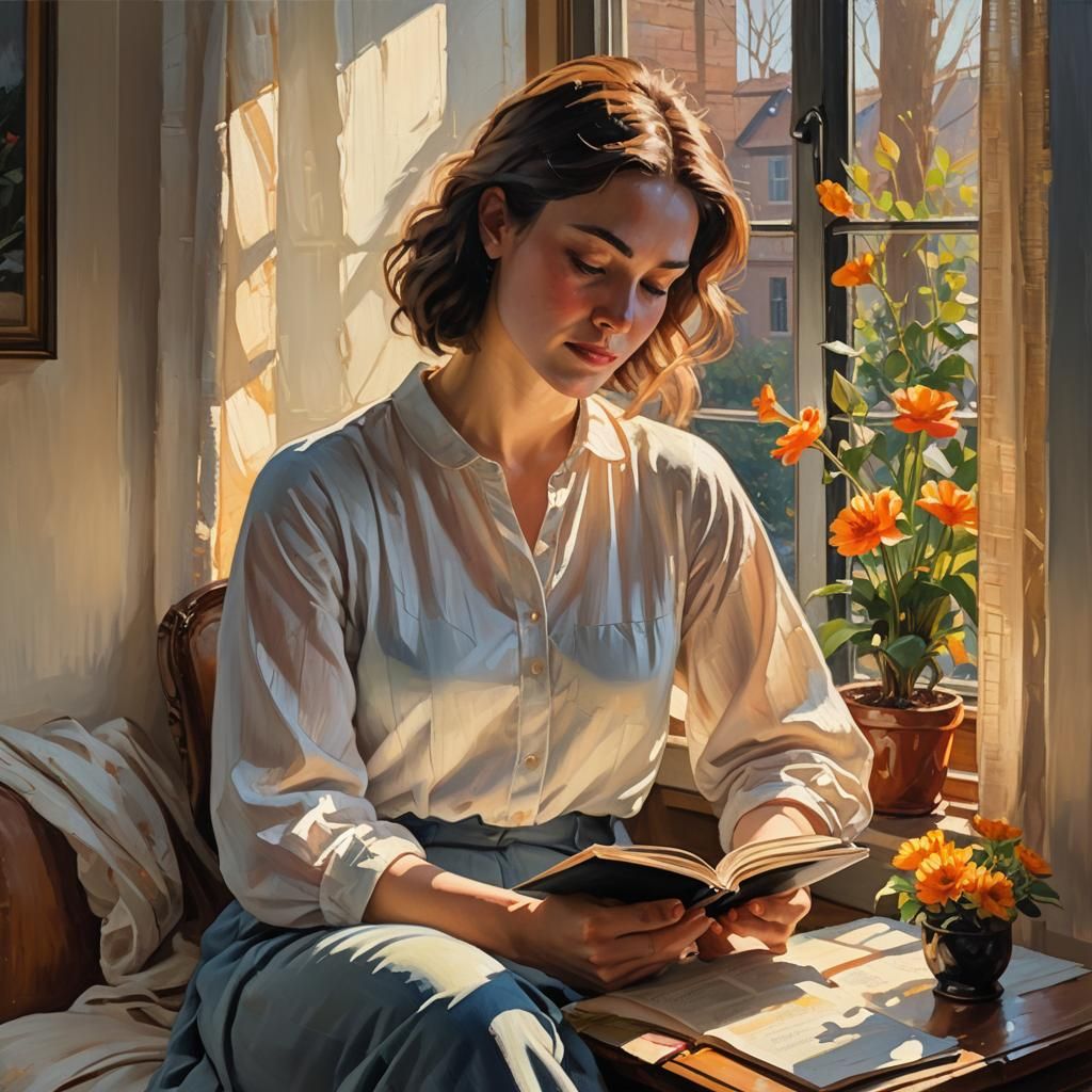 Woman Reading by Window in Oil Painting Style