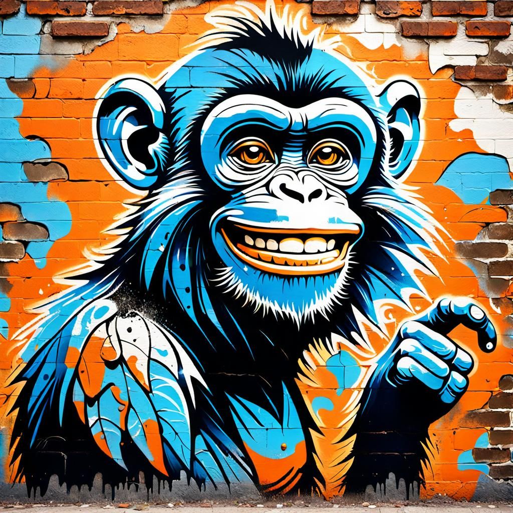 Stylized Monkey Graffiti Art on Brick Wall