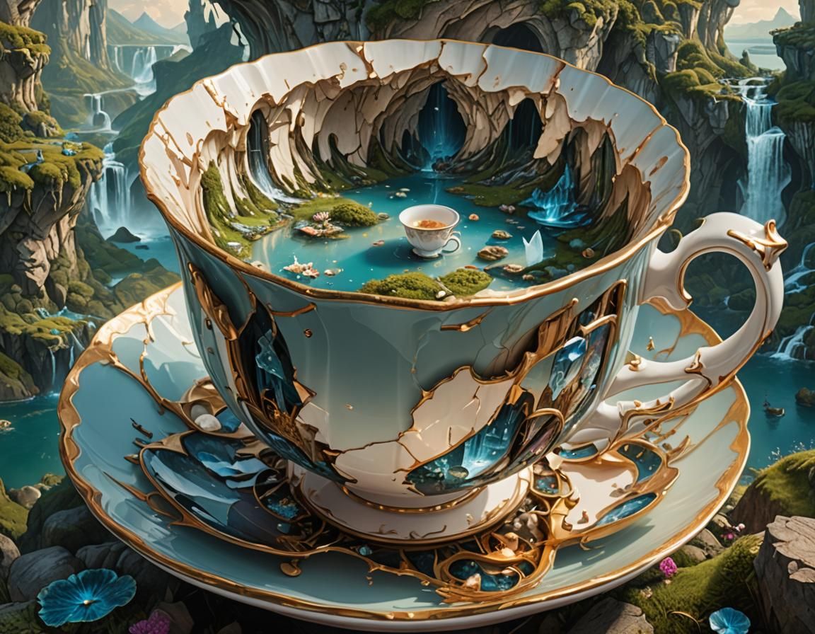Fantasy Kingdom in Broken Teacup: Hyperrealistic Digital Art