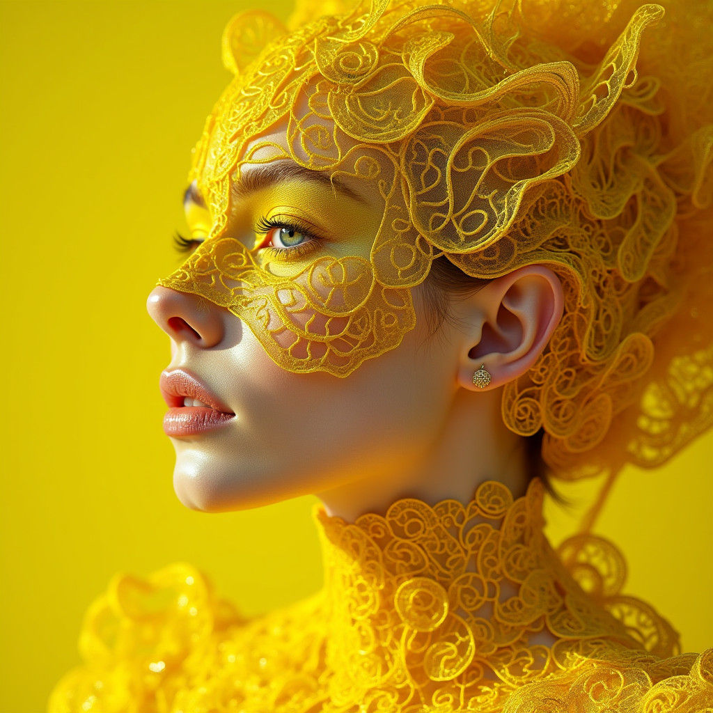 Gorgeous Haute Couture Model in Bright Yellow Filigree Dress