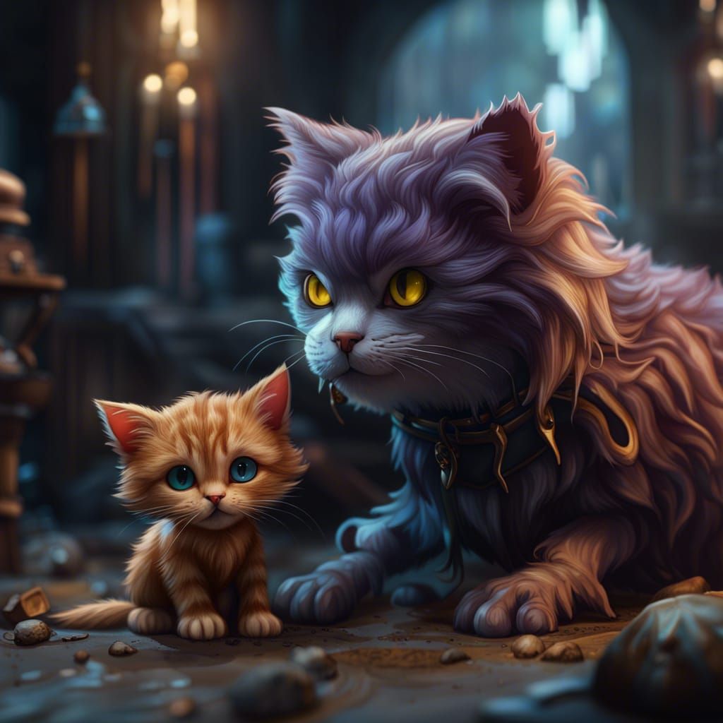 Cat Helps Puppy: Detailed Matte Painting