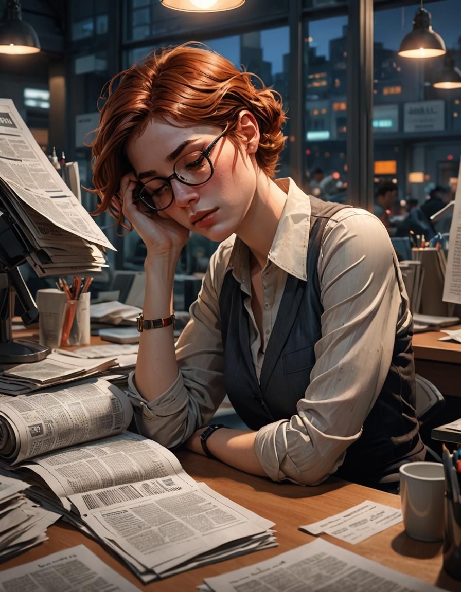 Auburn-Haired Woman Sleeps at Newspaper Office, Hyperdetaile...