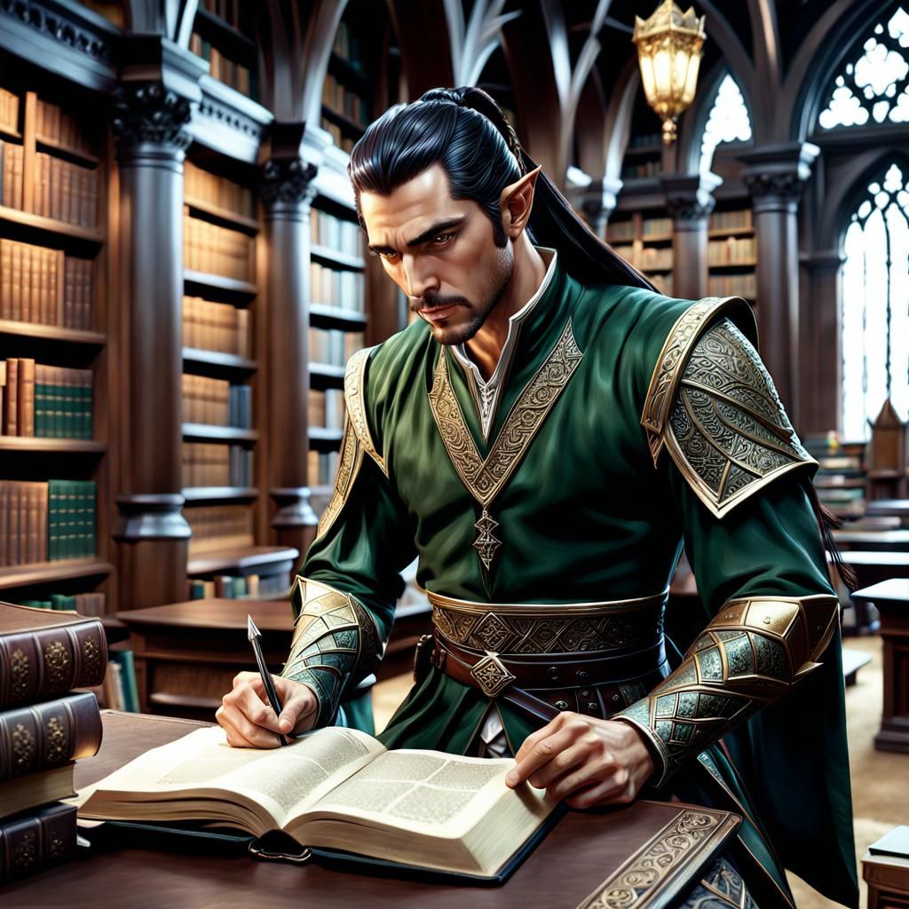 Half-Elf Cleric Studying in Library: Hyperrealistic Image