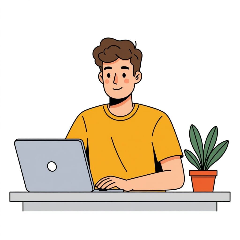 Simple Vector Portrait of a Young Man at a Desk