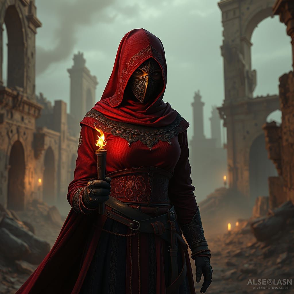 Medieval Assassin in Crimson Embroidery and Dark Mask