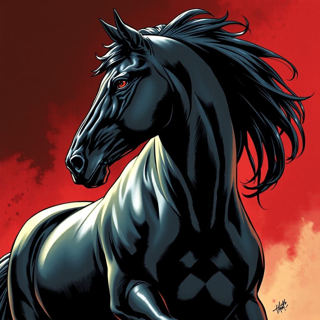 Majestic Black Horse with Red Eyes in Comic Book Style