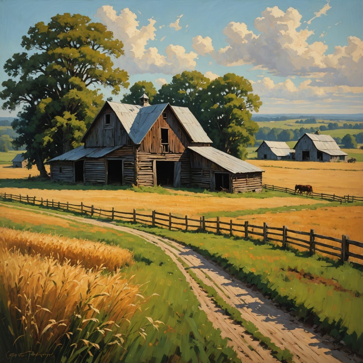 Rustic Barn Scene in Traditional Oil Painting