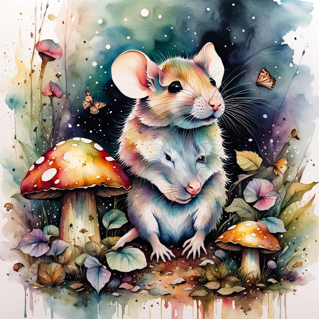 Mouse in Rainy Forest with Mushroom, Watercolour Art