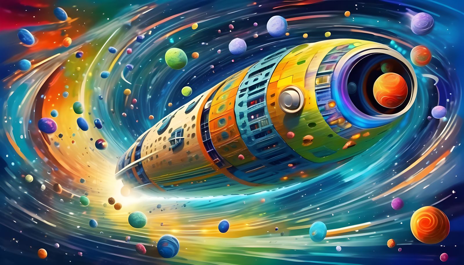 Surreal Cosmic Starship Enters Swirling Vortex