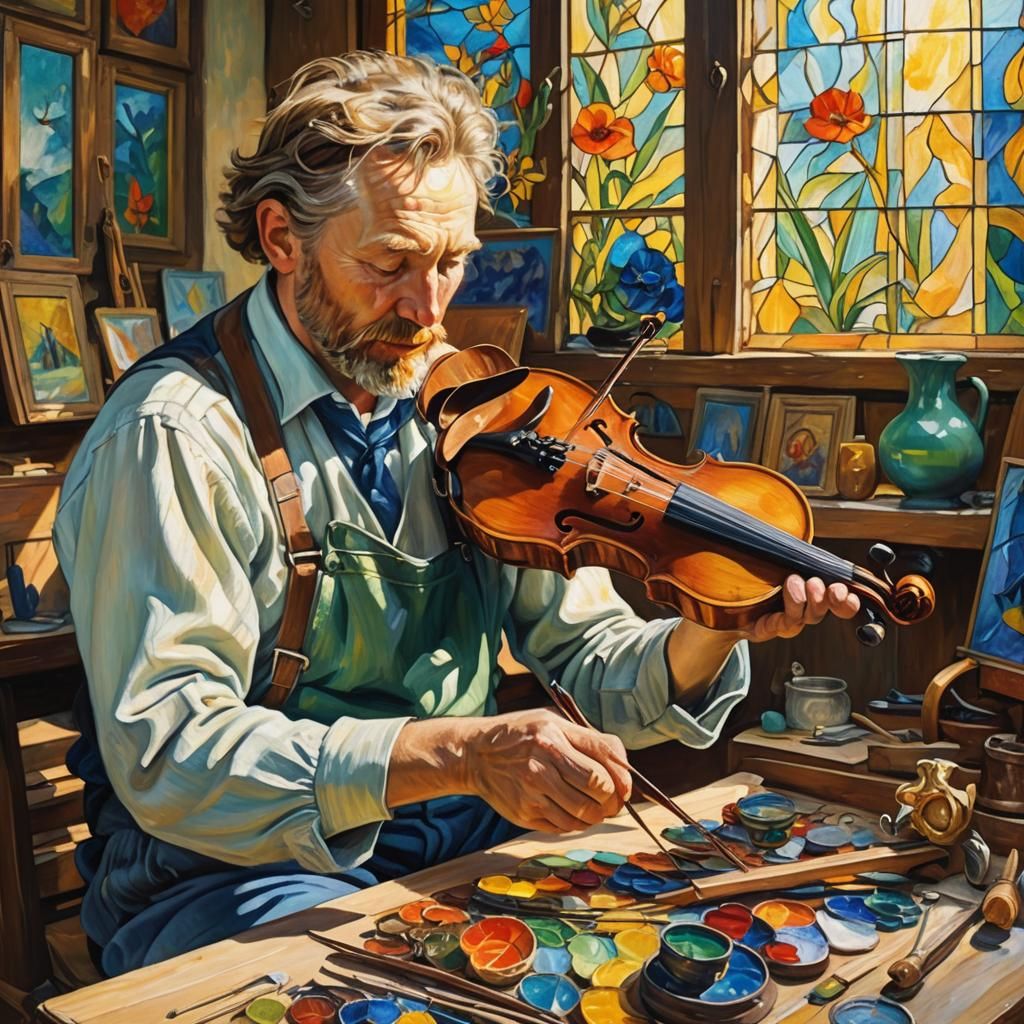 Luthier Fixing Fiddler Crab Violin: Oil Painting