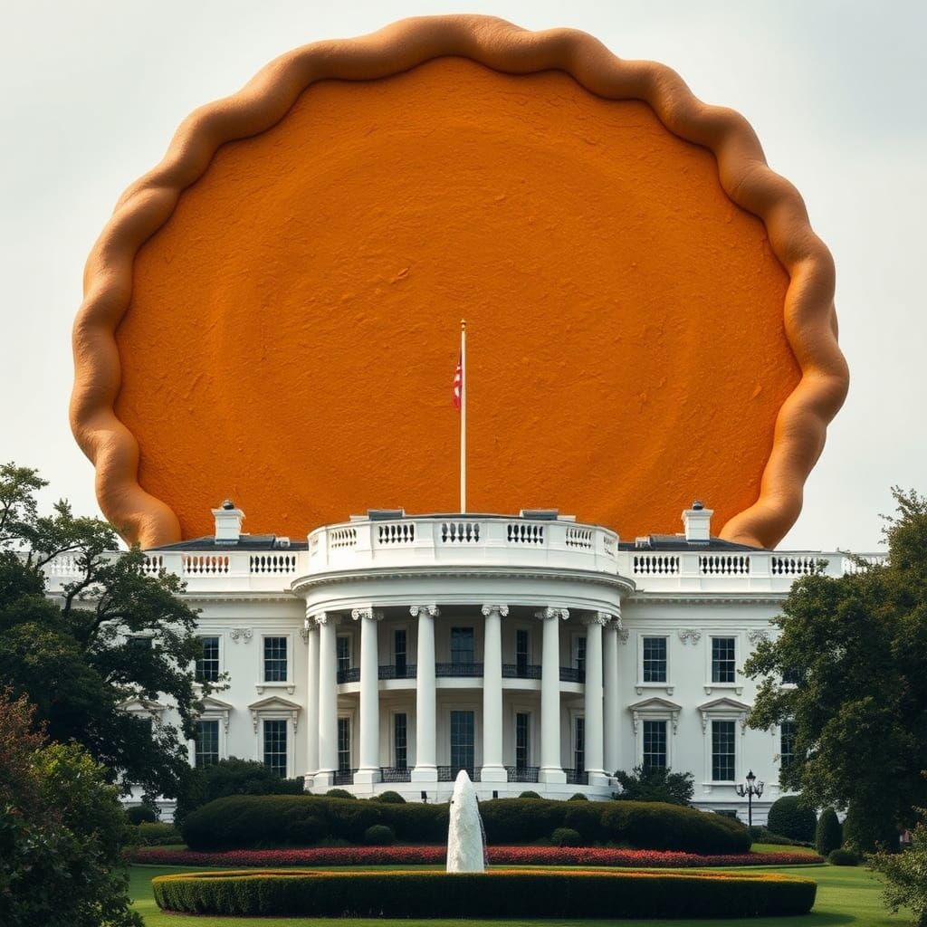 An enormous pumpkin pie sitting on top of the White House.