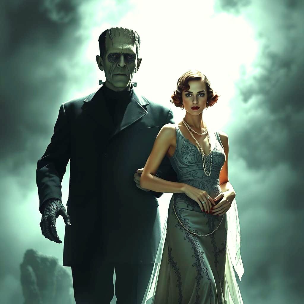 1930s Diva & Frankenstein's Monster in Moody Cinematic Shot