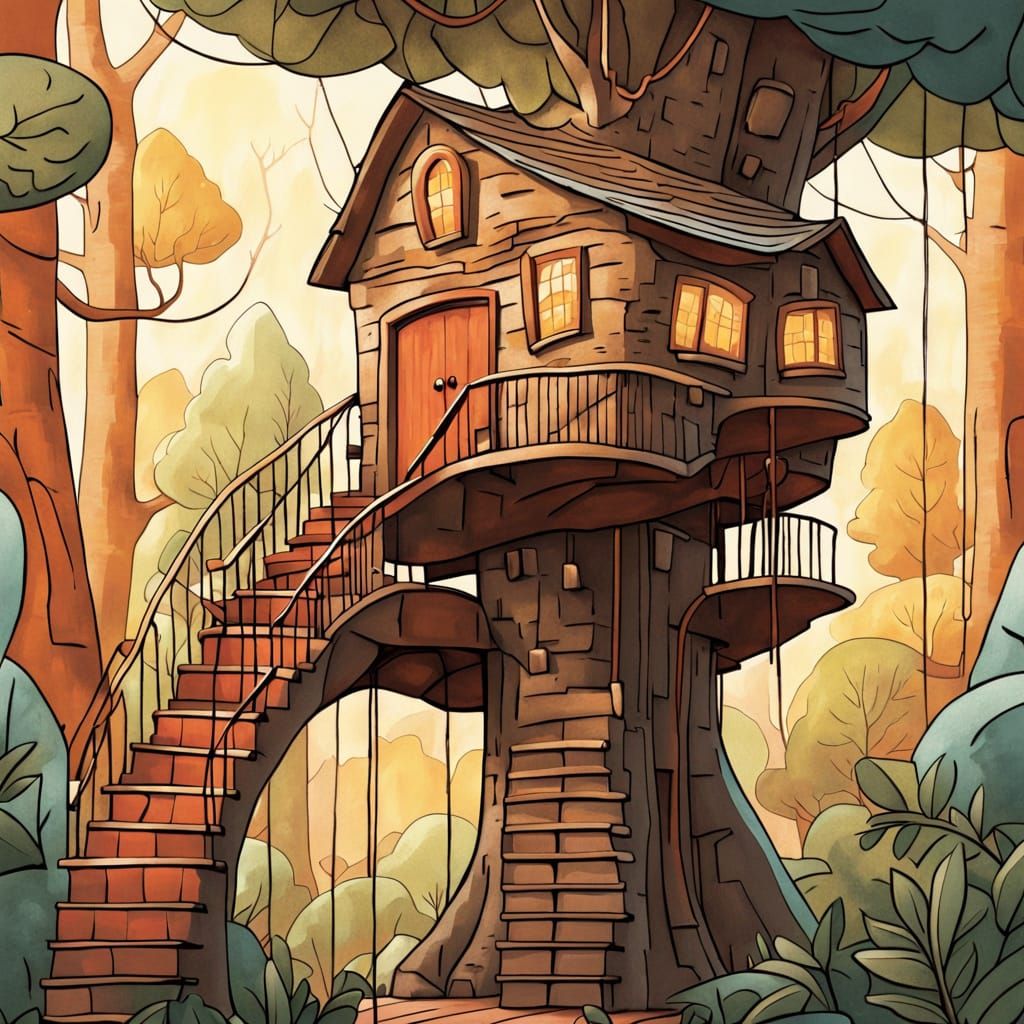 Whimsical Storybook Treehouse in a Cartoon Forest Scene