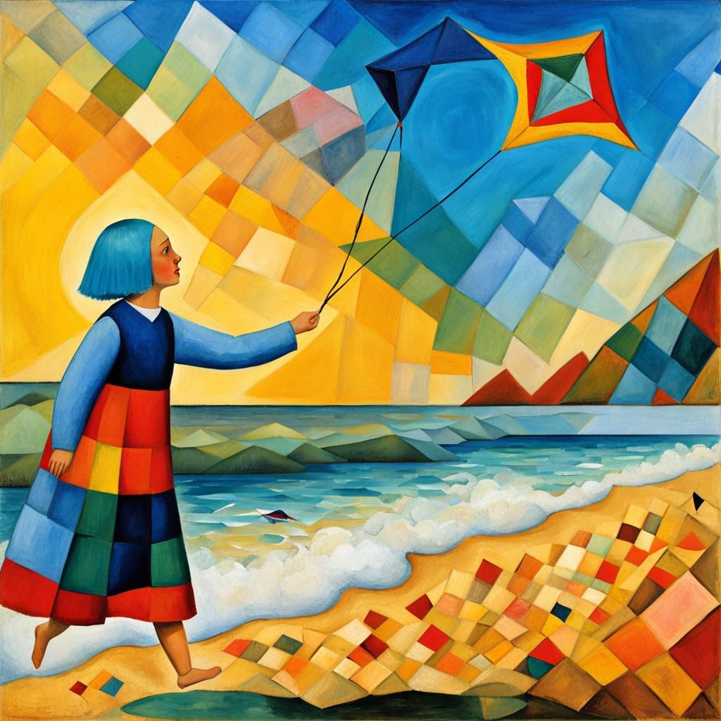 Blue-Haired Girl with Kite: Surrealist Oil Painting