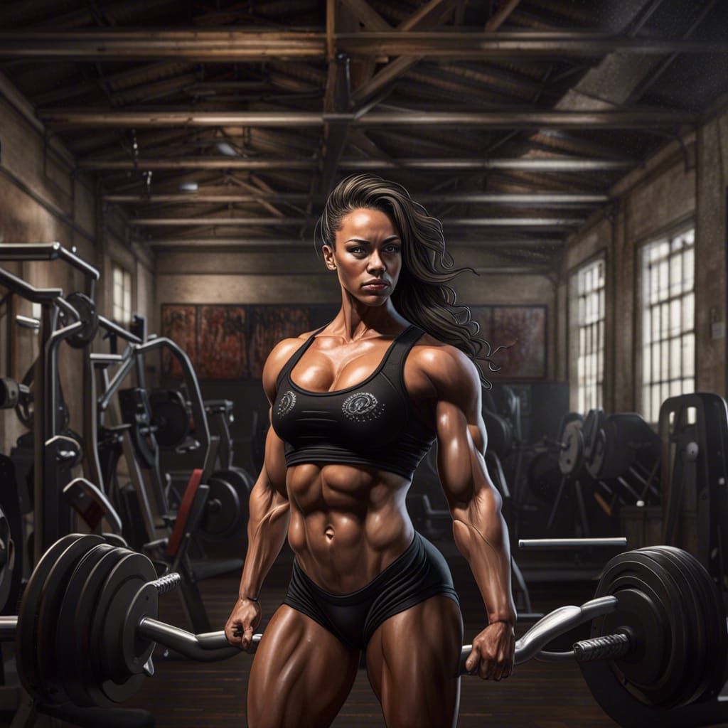 Hyperrealistic Female Bodybuilder Flexing in Old Gym