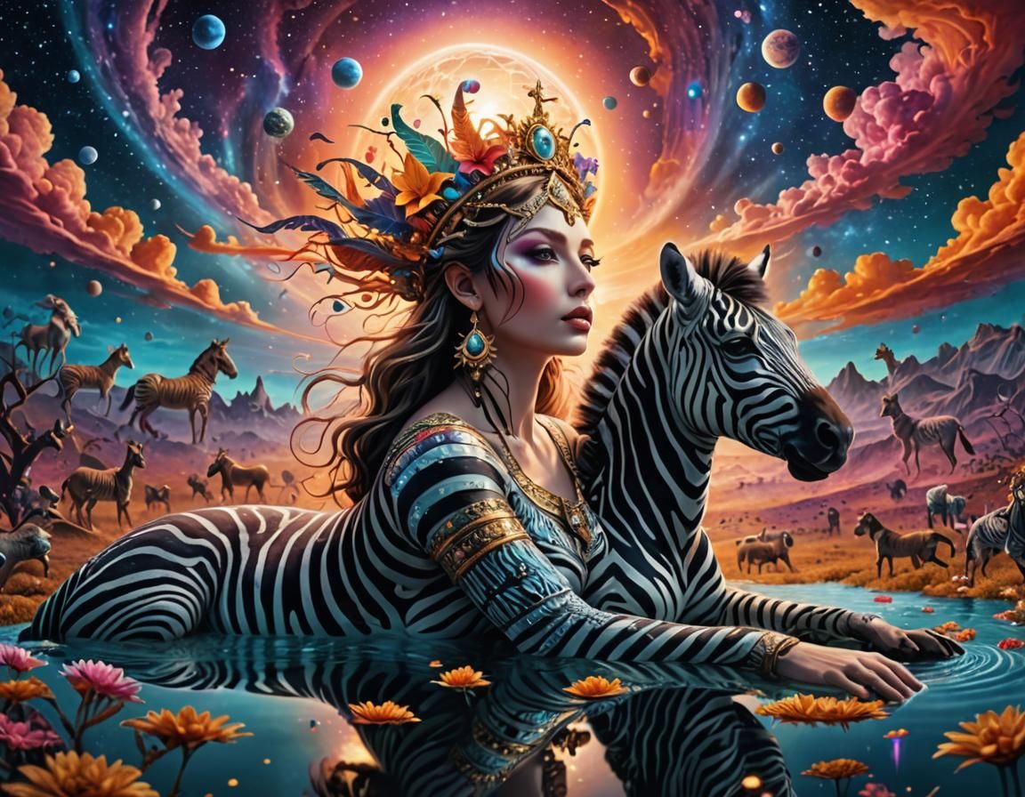 Goddess on Zebra in Surreal Astral Landscape