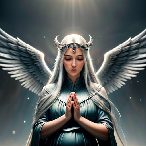 Hyper-Realistic Portrait of Pregnant Angel in War-Torn Lands...