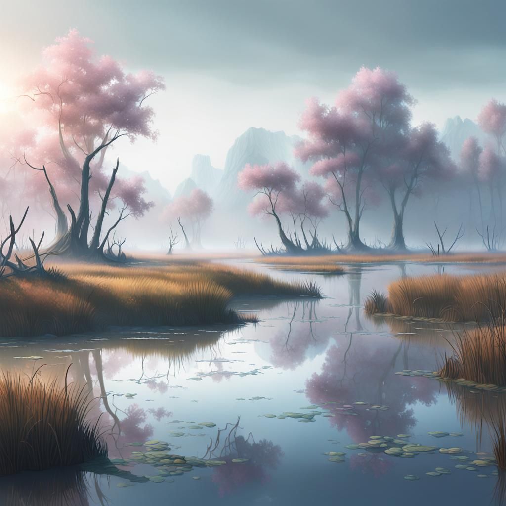 Ethereal Marshland Landscape in Pastel Colors