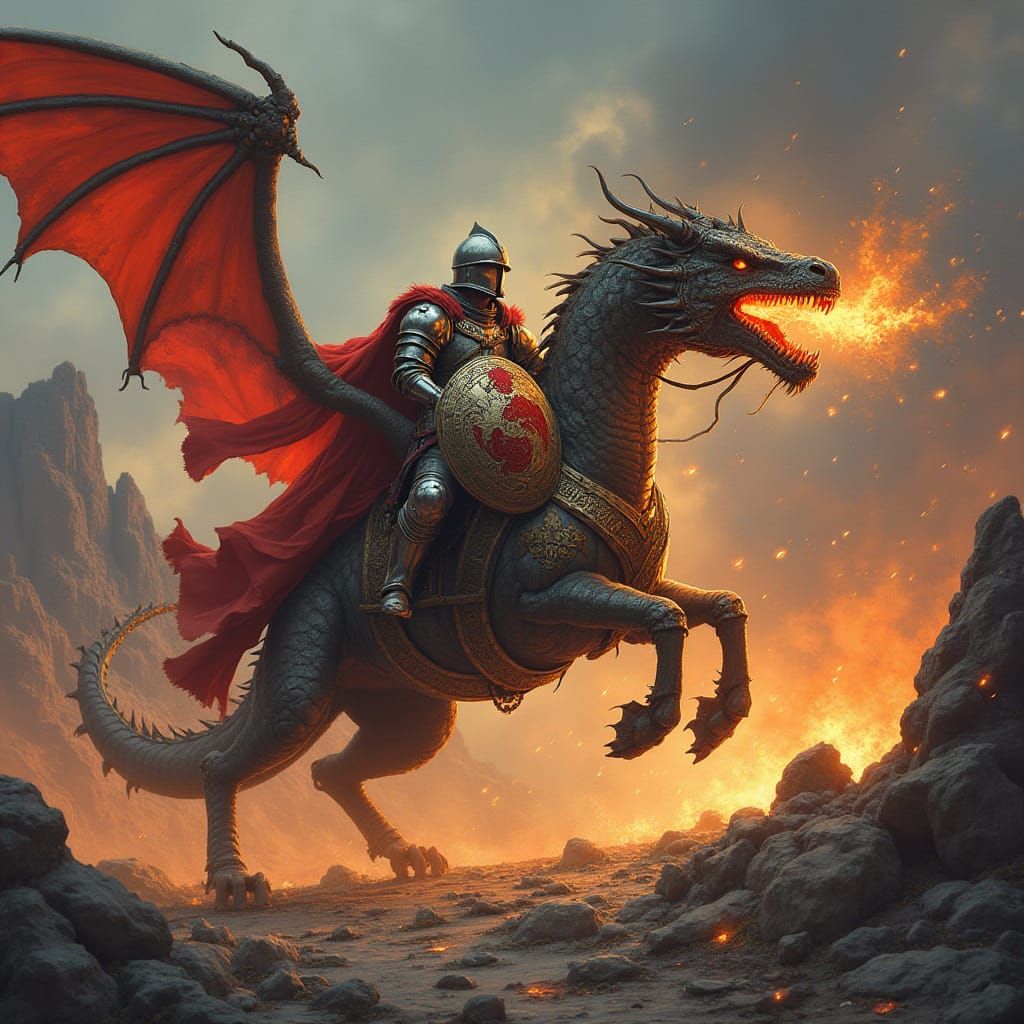 Knight Battles Dragon in Fiery Landscape
