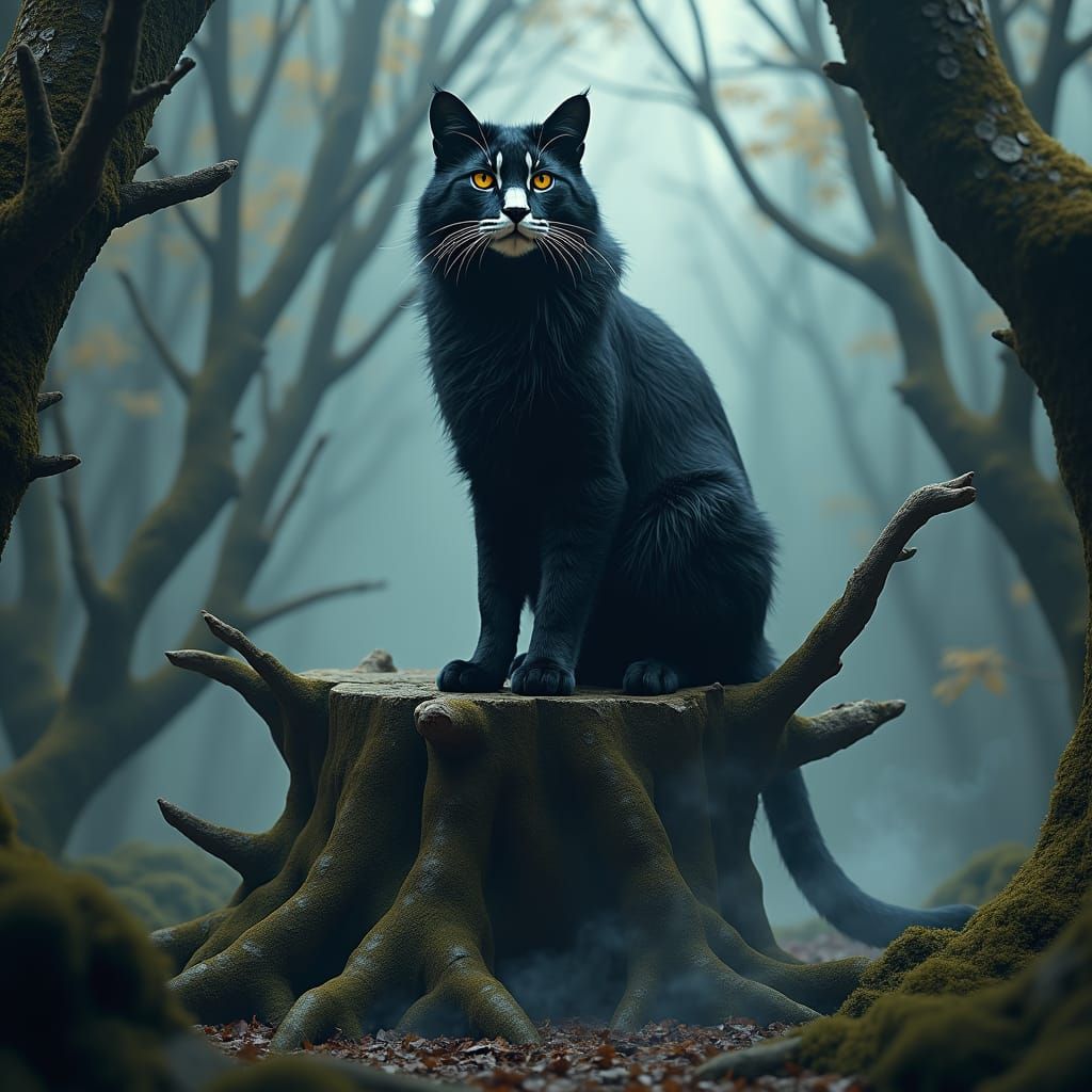 Mystical Cat King in Eerie Forest