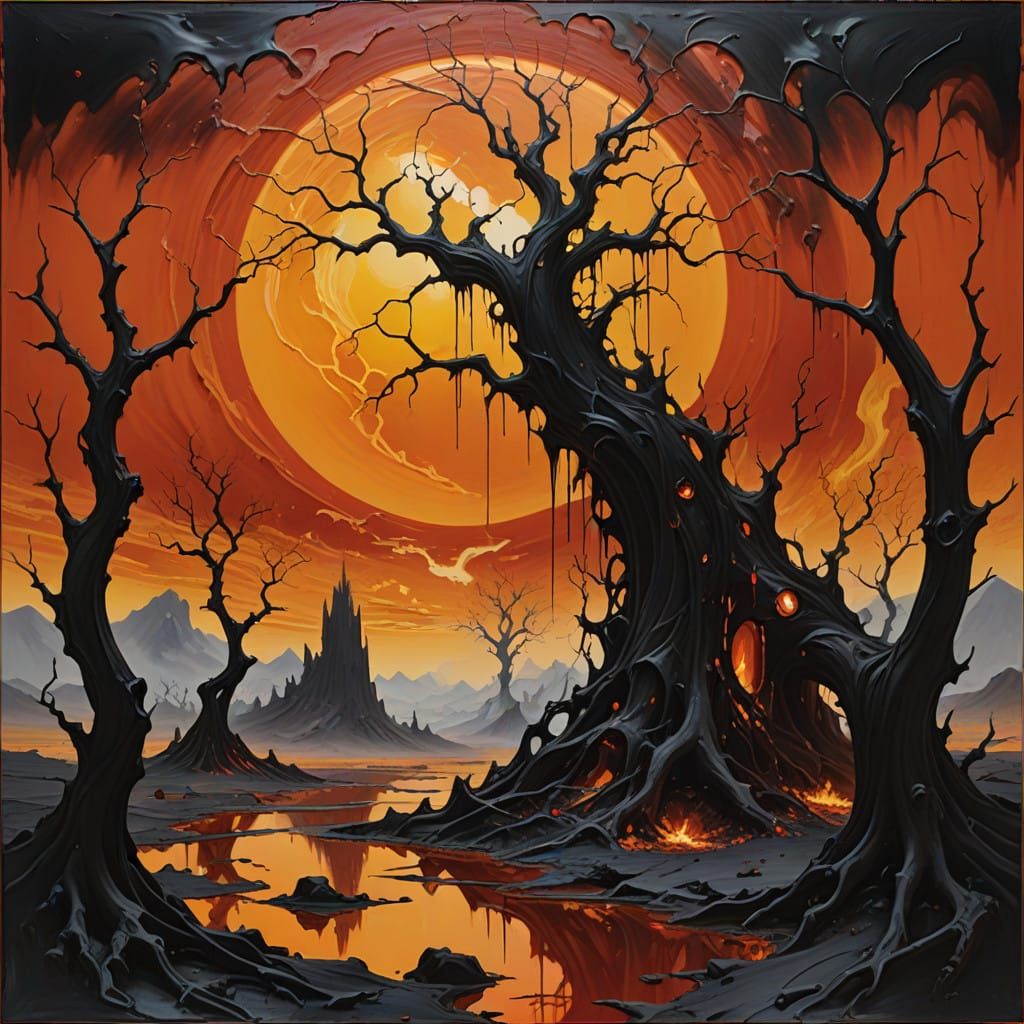 Surrealist Vampires Gather Around Ethereal Portal on Crimson...