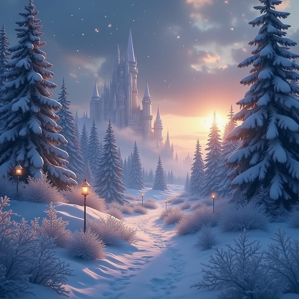 Whimsical Winter Palace in a Snowy Enchanted Land