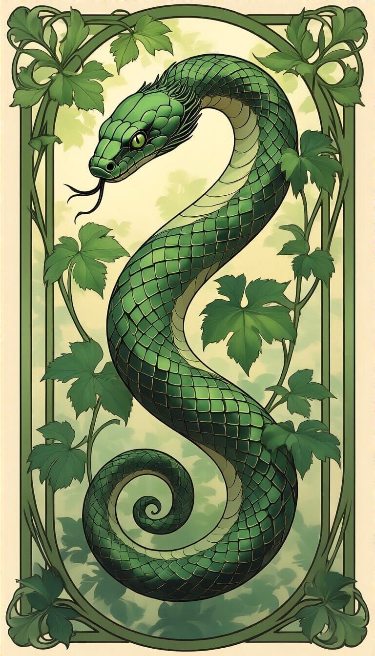 Art Nouveau Serpent with Flowing Vines