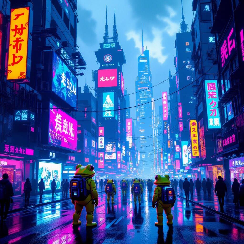 Cyberpunk City with Amphibian Citizens in Neon Glow