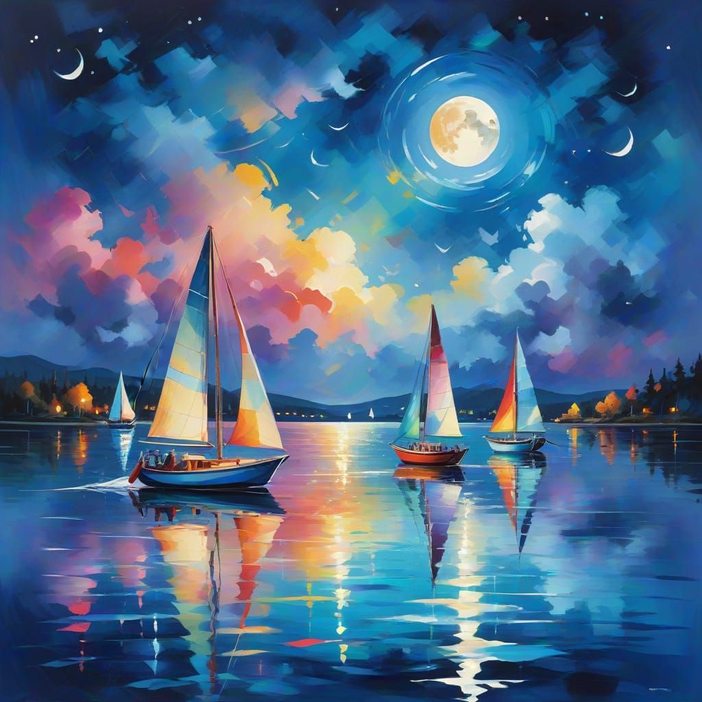Abstract Sailing Boats on Lake with Moonlit Sky