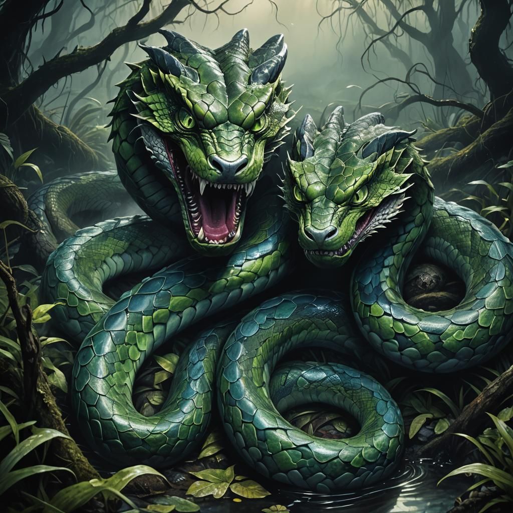Vipers Battling in Misty Swamp, Dark Fantasy Illustration