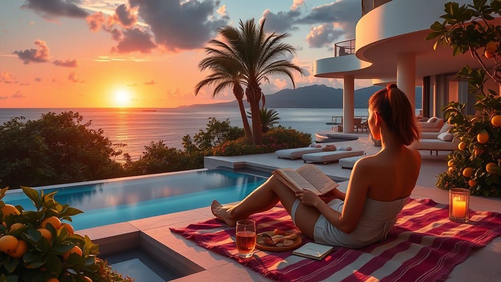 Serene Woman at Resort Overlooking Tranquil Lagoon