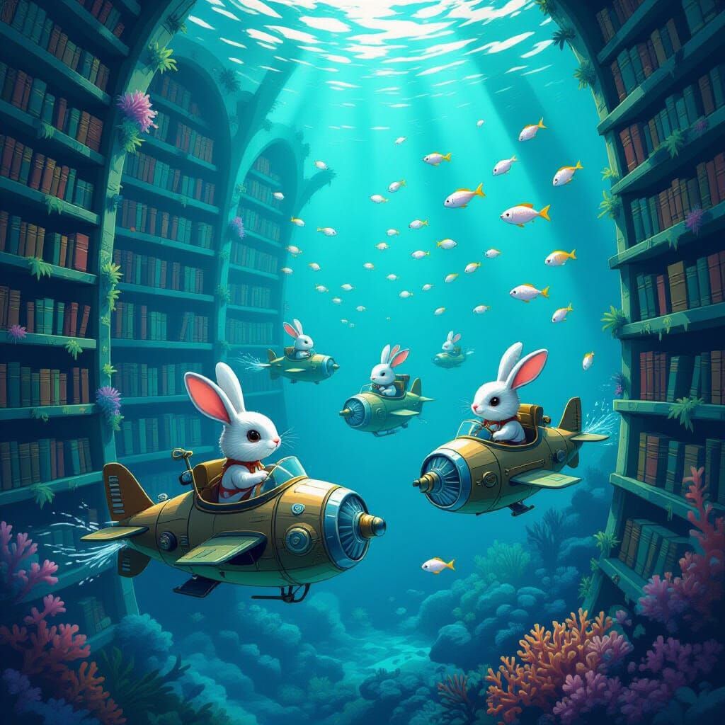 Rabbits Pilot Clockwork Submarines in Underwater Library