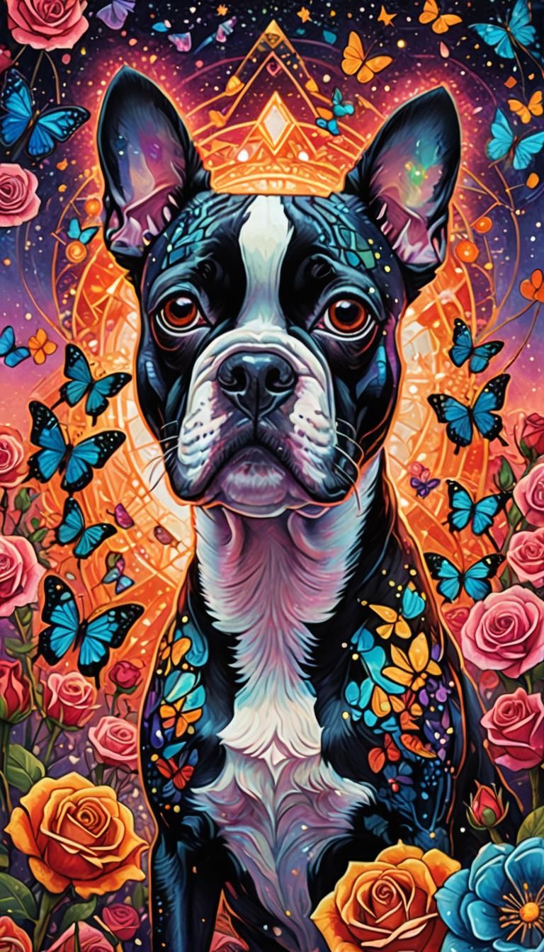 Cosmic Boston Terrier in Surreal Sunset Landscape