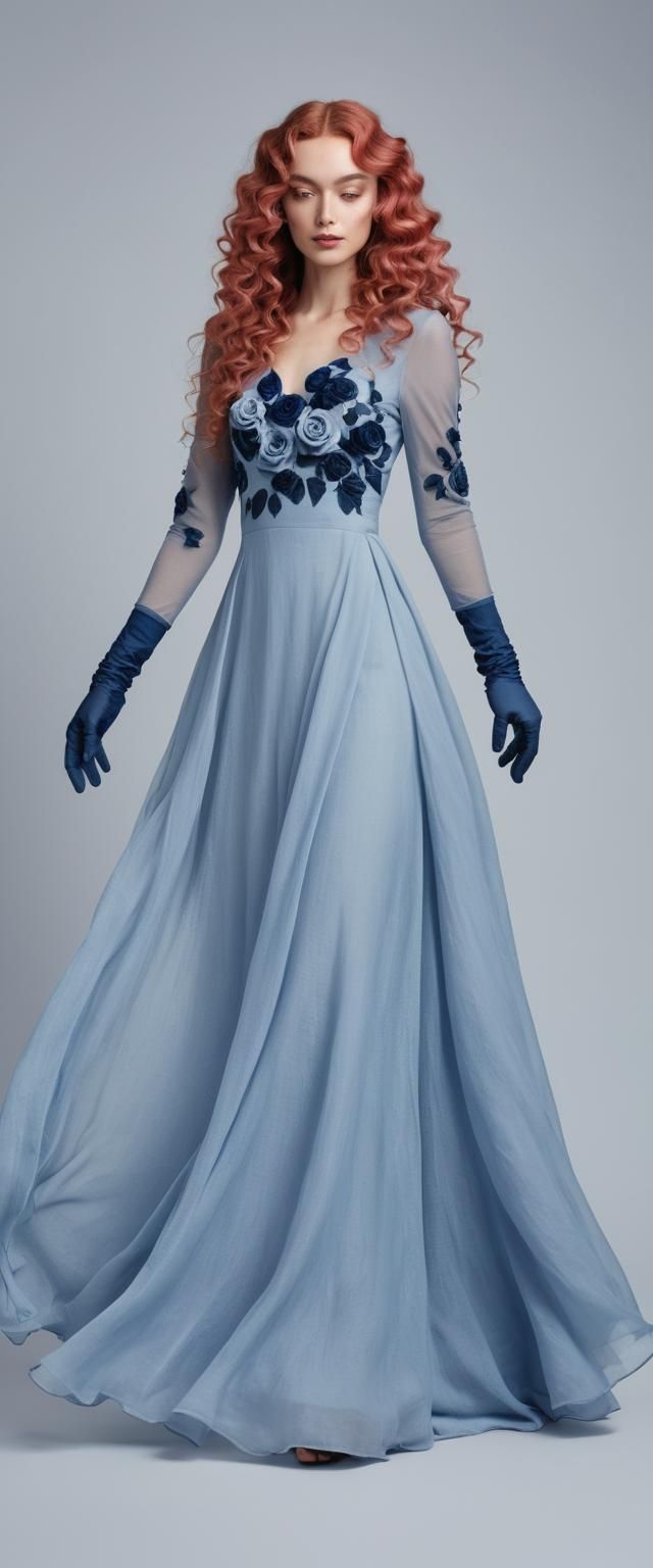 Girl with Red Curls in Indigo Gown