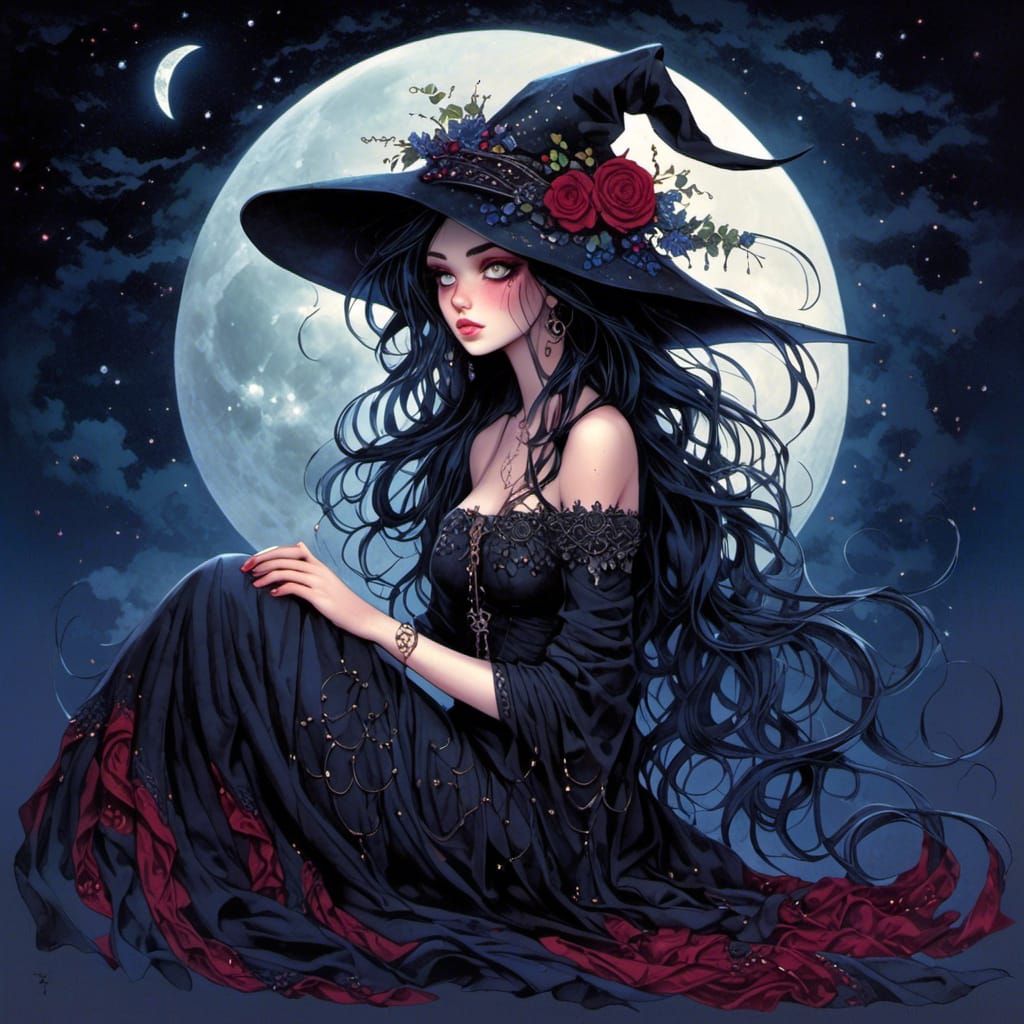 Alluring Witch with Crimson Hair in Indigo Night