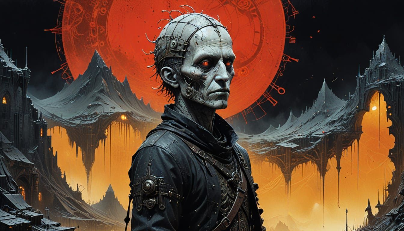 Cyber Nomad in Grimdark Medieval Landscape