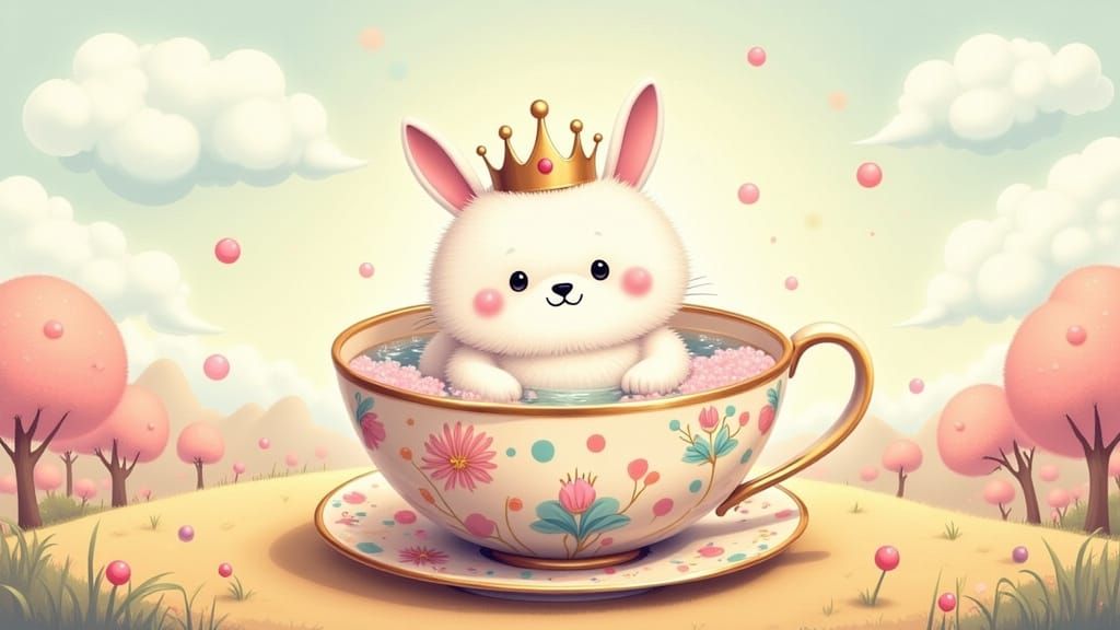 Kawaii Samoyed Puppy in Teacup with Bubbles