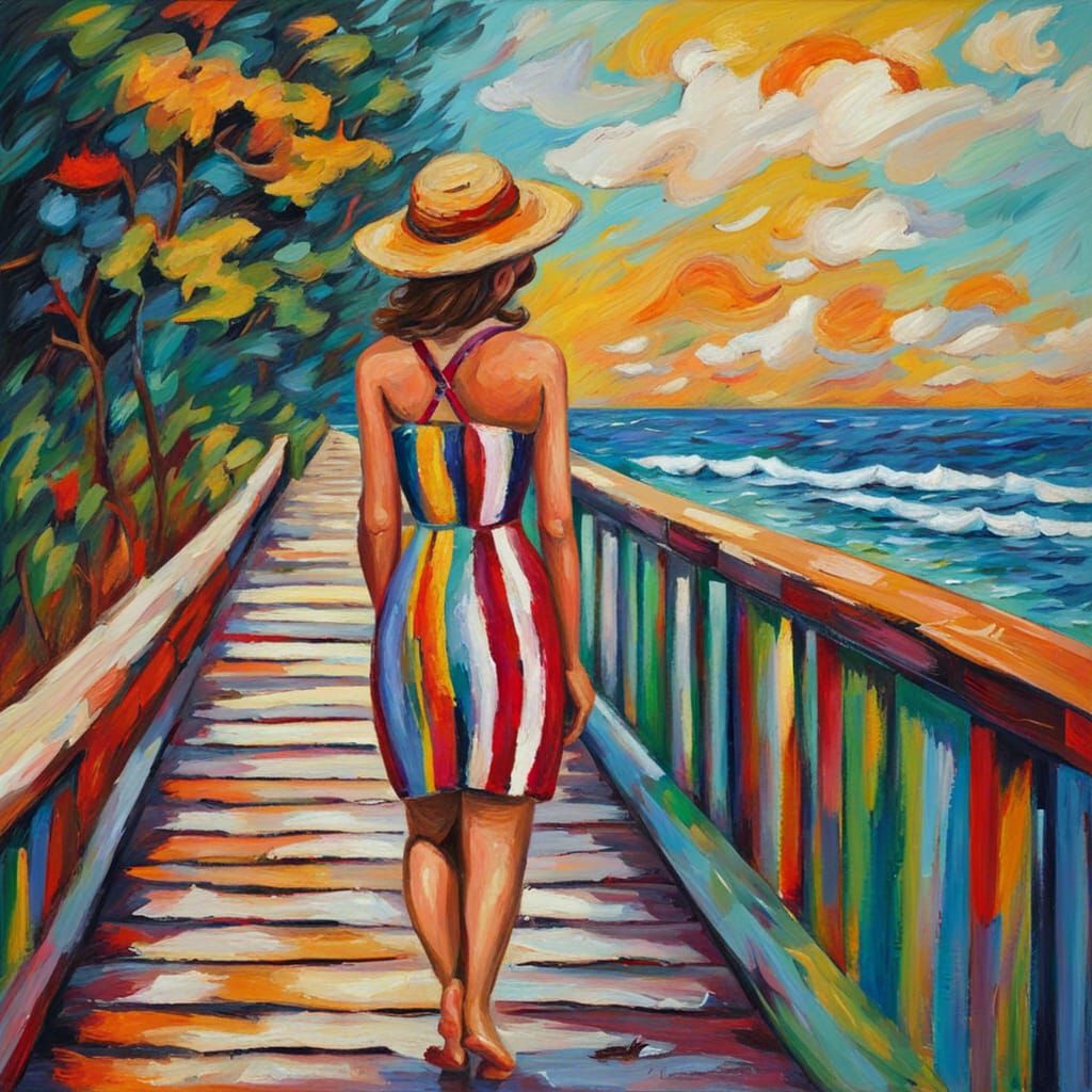 Woman in Striped Suit: Neo-Impressionist Boardwalk Painting