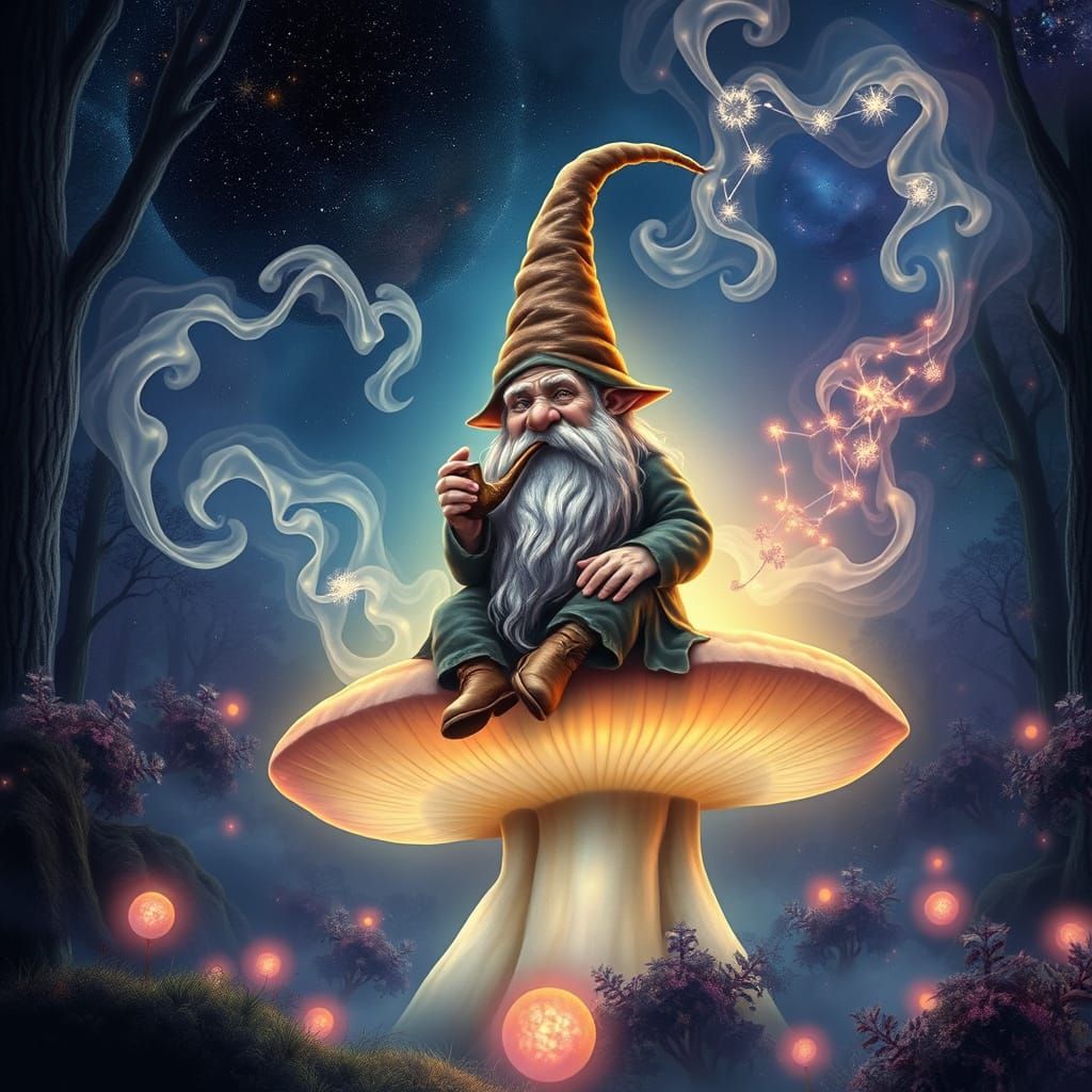Glowing Mushroom Gnome in Cosmic Holographic Style