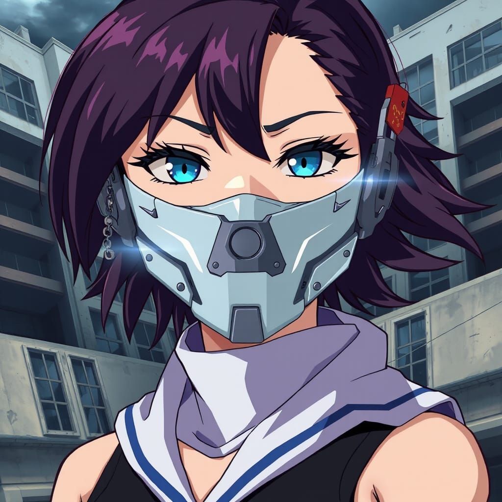 Anime Cyborg Ninja in Dystopian Cityscape