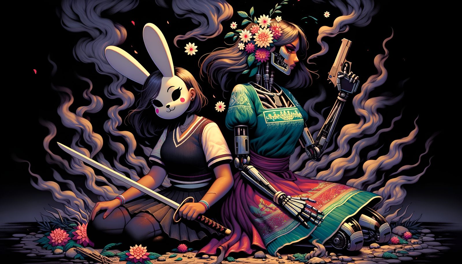 South Asian Girl with Android in Psychedelic Scene